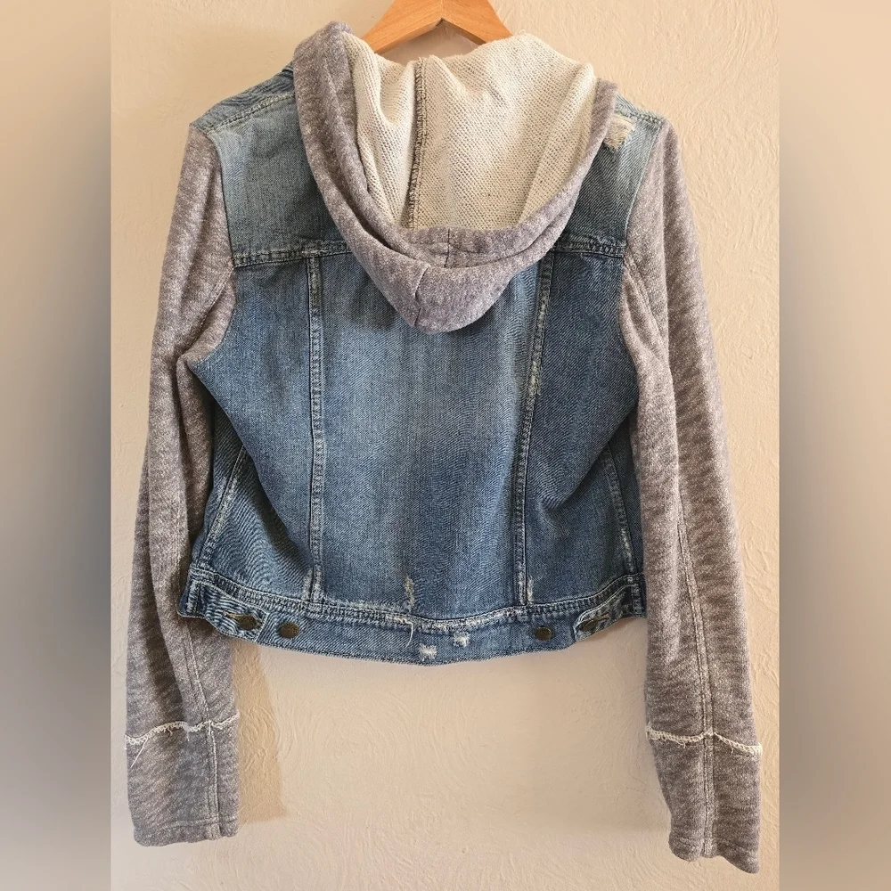 Free People Distressed Denim & Knit French Terry Hoodie Jacket,Blue/Gray, Size L